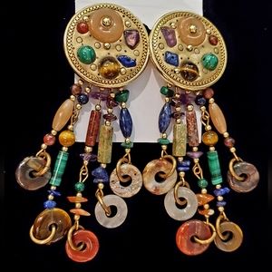 Vintage Huge Semi-precious Gemstones Dangling Gold Clip Earrings
